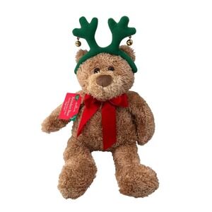 Hallmark Reindeer Bear Plush Jingle Bells Sound & Red Bow Christmas Decor 14"